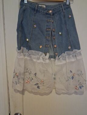 Upcycled Forever 21 Blue Denim Mini Skirt with White Floral Organza Ruffle